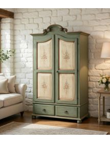 ARMADIO IN LEGNO SHABBY VERDE AVORIO E FILO ECRU' 122X60X204 (1313)