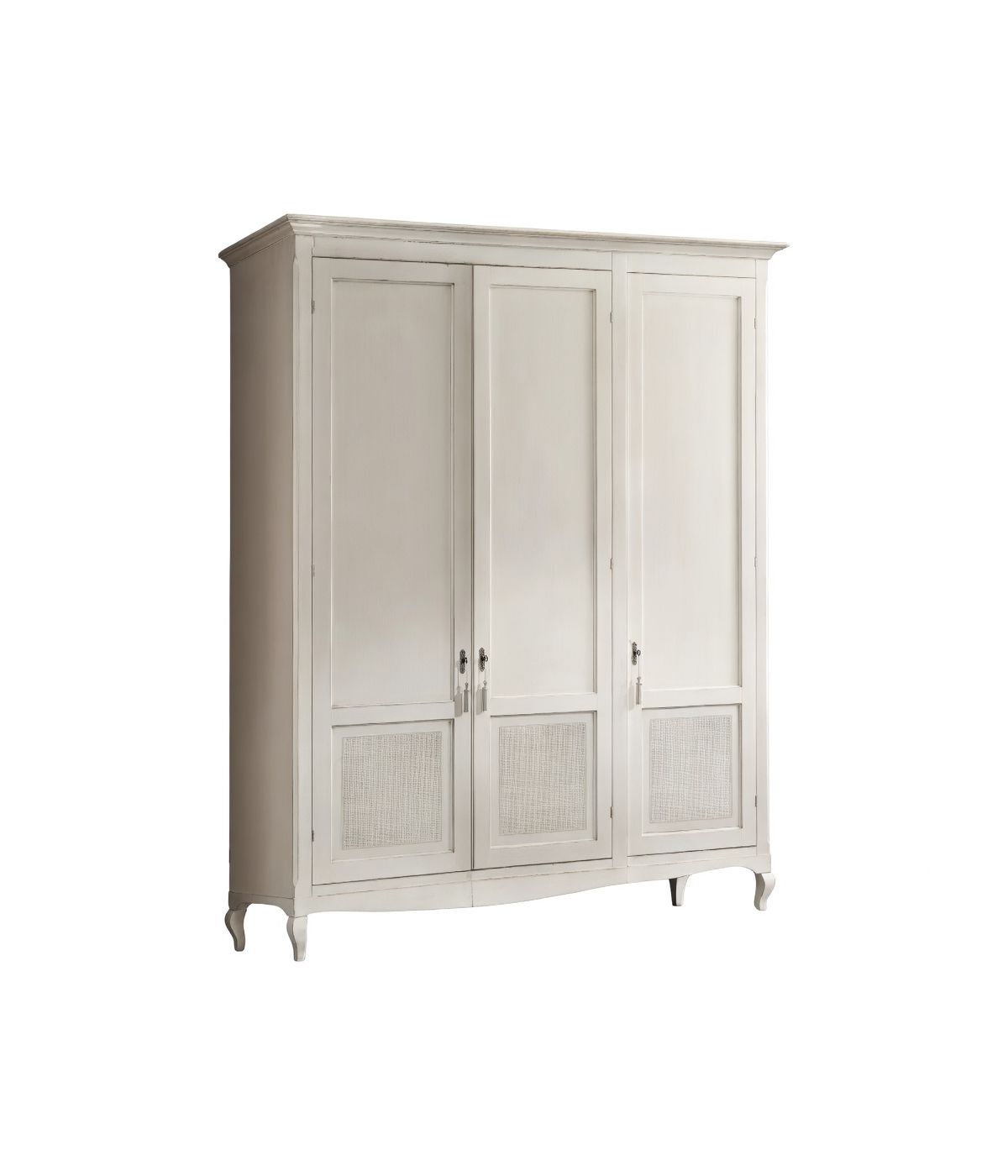 MOBILI 2G - Armadio classico 3 porte paglia di vienna Legno bianco shabby 190x62x220 vista frontale