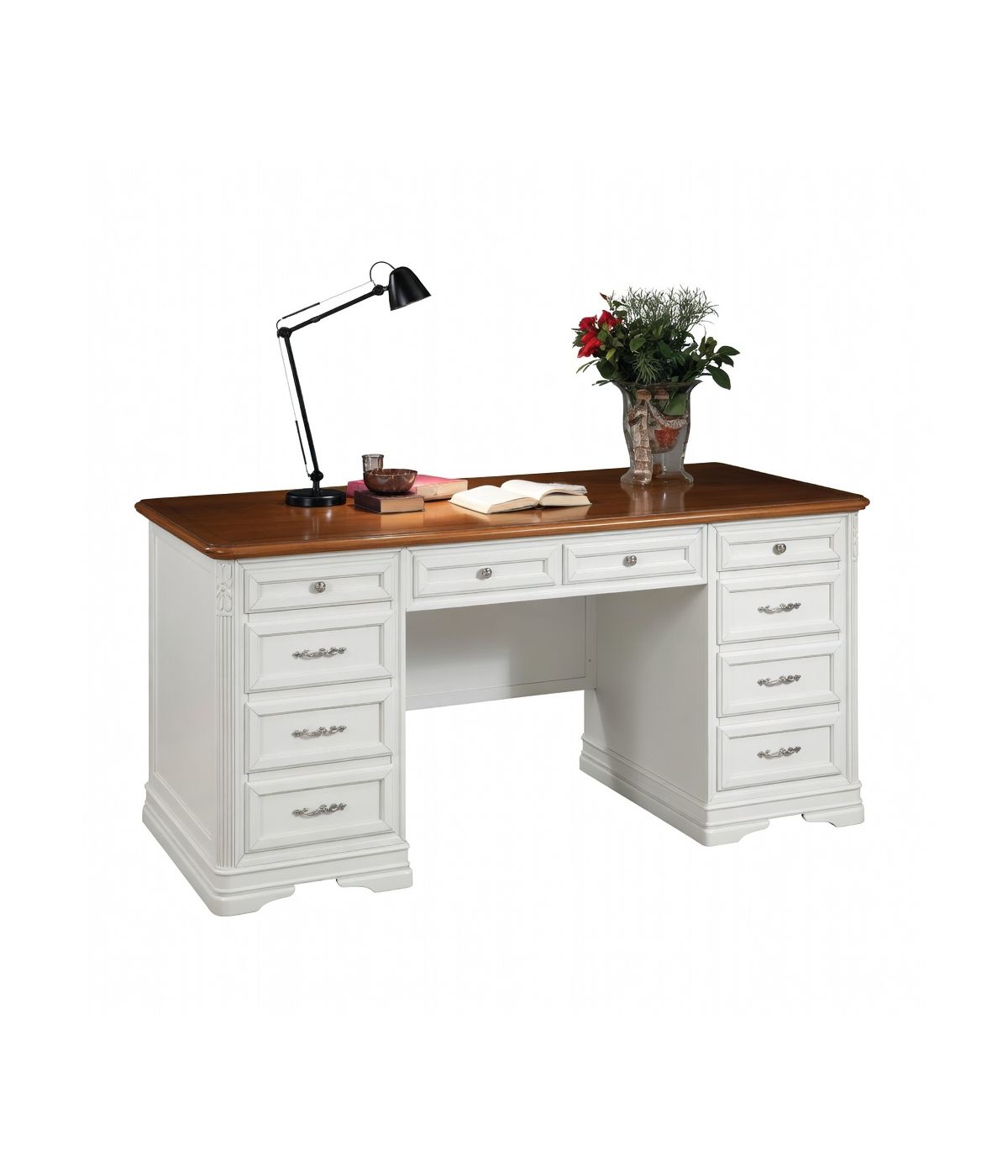 MOBILI 2G - SCRIVANIA CLASSICA 10 CASSETTI IN LEGNO BIANCO/NOCE 180X85X82