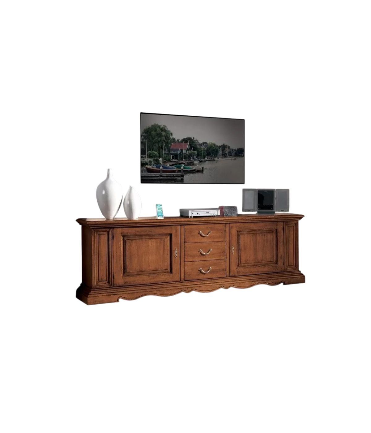 Porta tv 2 porte 3 cassetti classico legno tinta noce 209X43x67