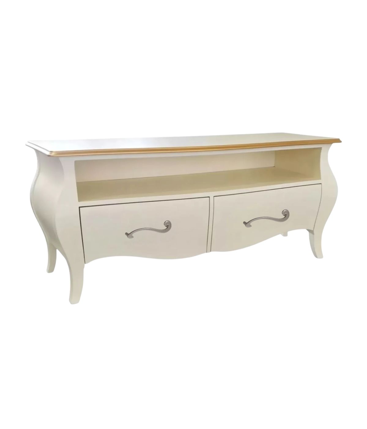 Mobile Porta Tv Bombato Legno Shabby crema e oro 141x45x62