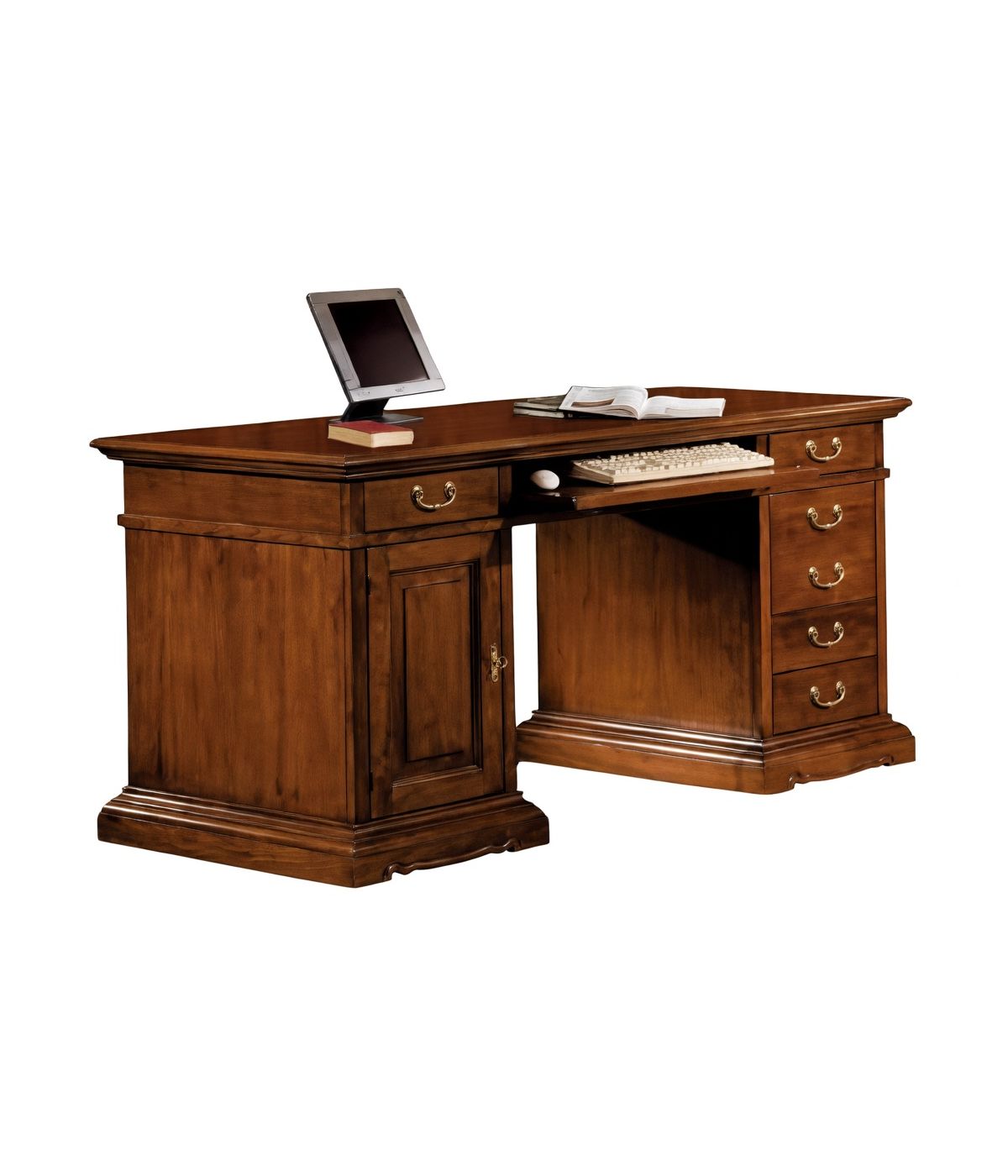 MOBILI 2G - SCRIVANIA PORTA PC ARTE POVERA IN LEGNO TINTA NOCE 160X80X87 vista frontale