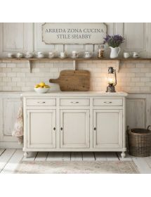 Credenza 3 porte 3 cassetti legno shabby bianco anticato maniglia porcellana 150X45X98