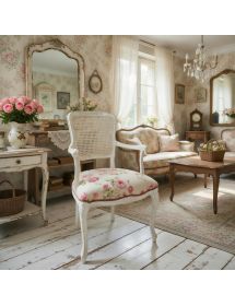 POLTRONA PARIGINA IMBOTTITA TESSUTO LEGNO SHABBY BIANCO