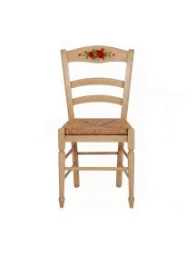 Sedia arte povera legno shabby avorio rosso seduta paglia 43x47x87 (1427)