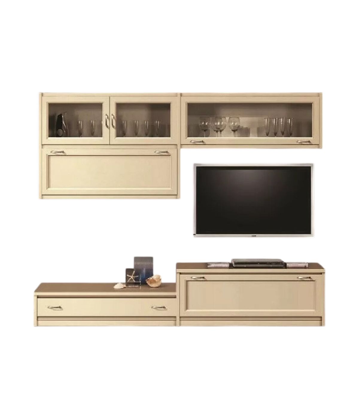 Parete attrezzata in legno shabby chic avorio 209x36/60x200