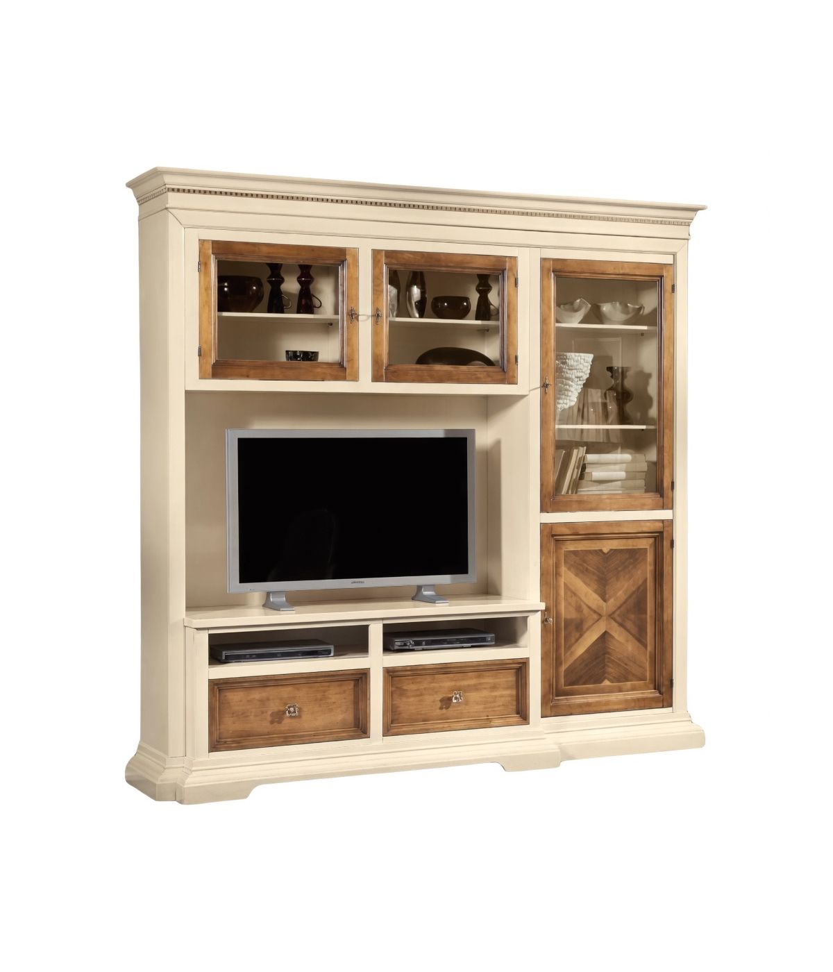 PARETE ATTREZZATA IN LEGNO AVORIO/NOCE L.230 P.57 H. 235