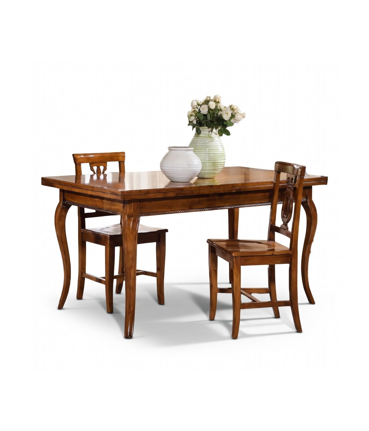 Set tavolo legno allungabile intarsio noce bassano con 4/6 sedie lira seduta legno VISTA FRONTALE