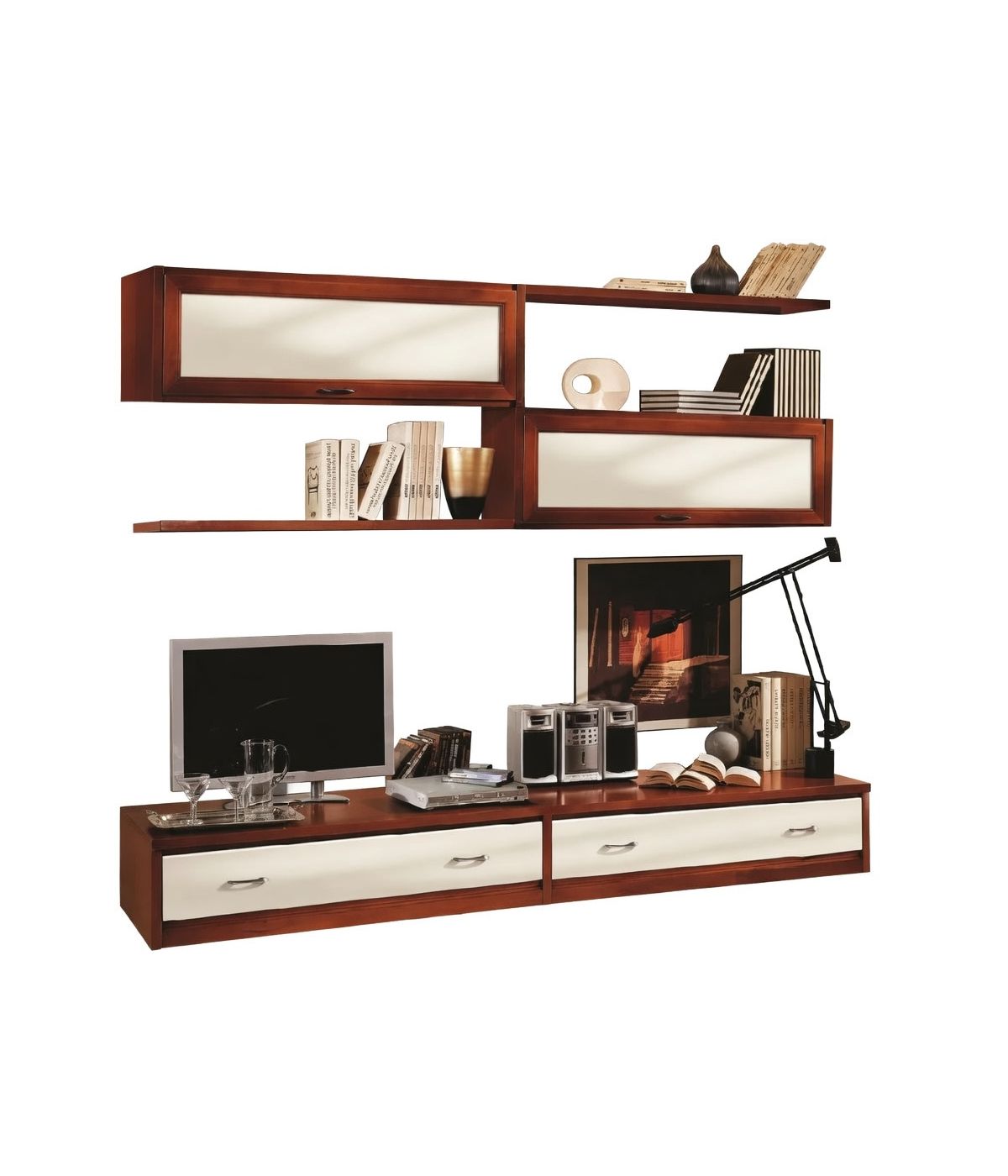 MOBILI 2G - Parete attrezzata in legno shabby chic bianco avorio e noce 209x36/45x220 VISTA FRONTALE