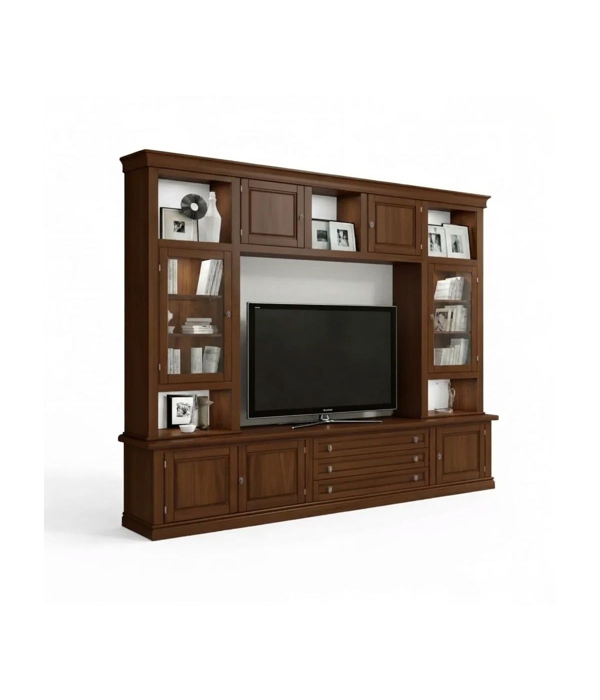 Parete attrezzata porta tv in legno tinta noce 243x50x227