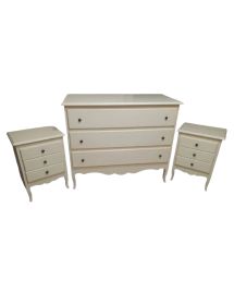 Gruppo 1 Cassettiera 2 Comodini legno shabby avorio