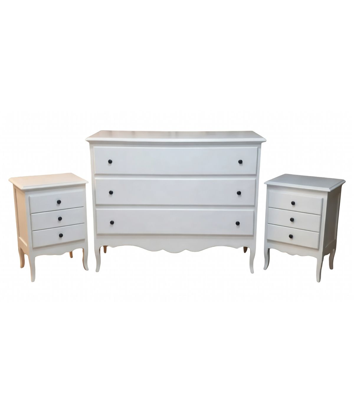 Gruppo 1 Cassettiera 2 Comodini legno shabby bianco opaco