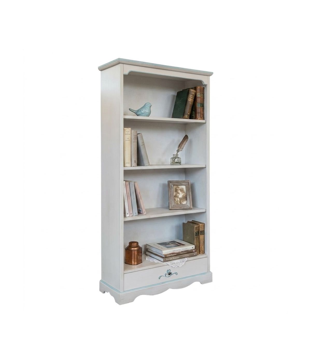 Libreria shabby legno bianco anticato decoro cuore 94x36x189H