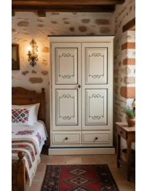 Armadio 2 porte classico legno bianco invecchiato e filetti blu 125x61x200