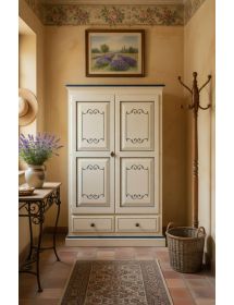 Armadio 2 porte classico legno bianco invecchiato e filetti blu 125x61x200