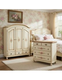 Cassettiera 5 cassetti legno shabby bianco anticato filo arancione 116x51x101