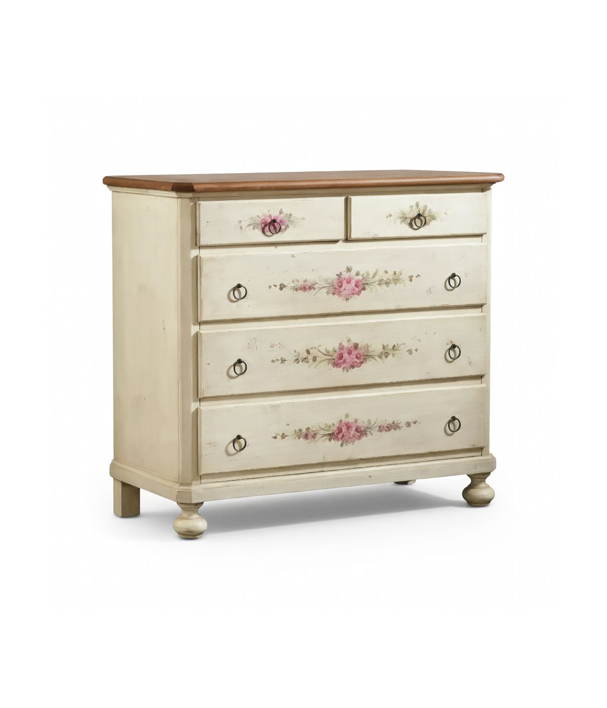 Cassettiera 5 cassetti legno shabby bianco anticato filo arancione 116x51x101