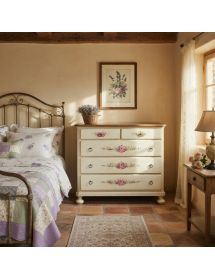 Cassettiera 5 cassetti legno shabby bianco anticato filo arancione 116x51x101