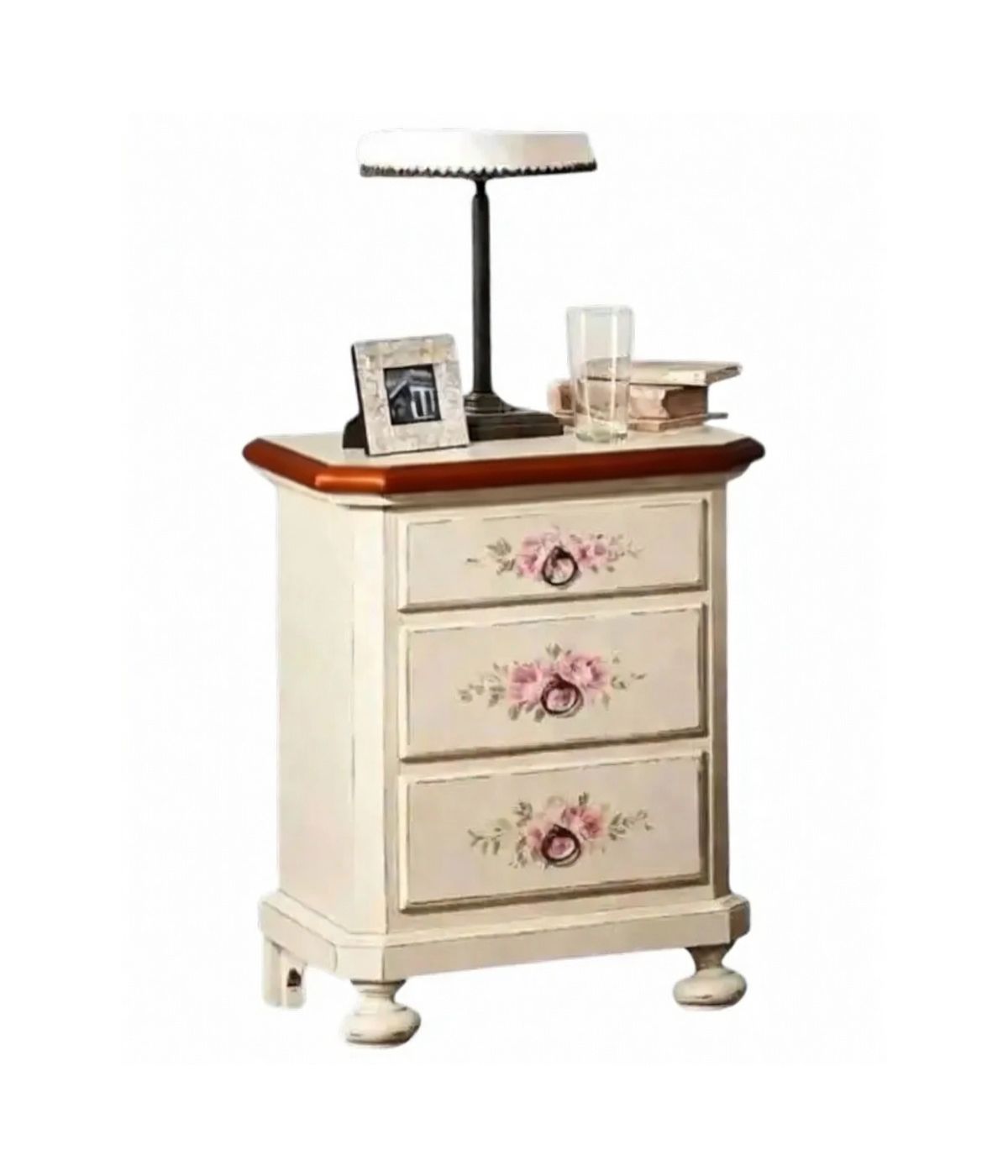 Comodino 3 cassetti legno shabby bianco anticato filo arancione 50x38x66