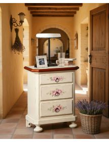 Comodino 3 cassetti legno shabby bianco anticato filo arancione 50x38x66