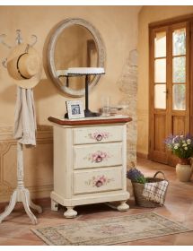 Comodino 3 cassetti legno shabby bianco anticato filo arancione 50x38x66