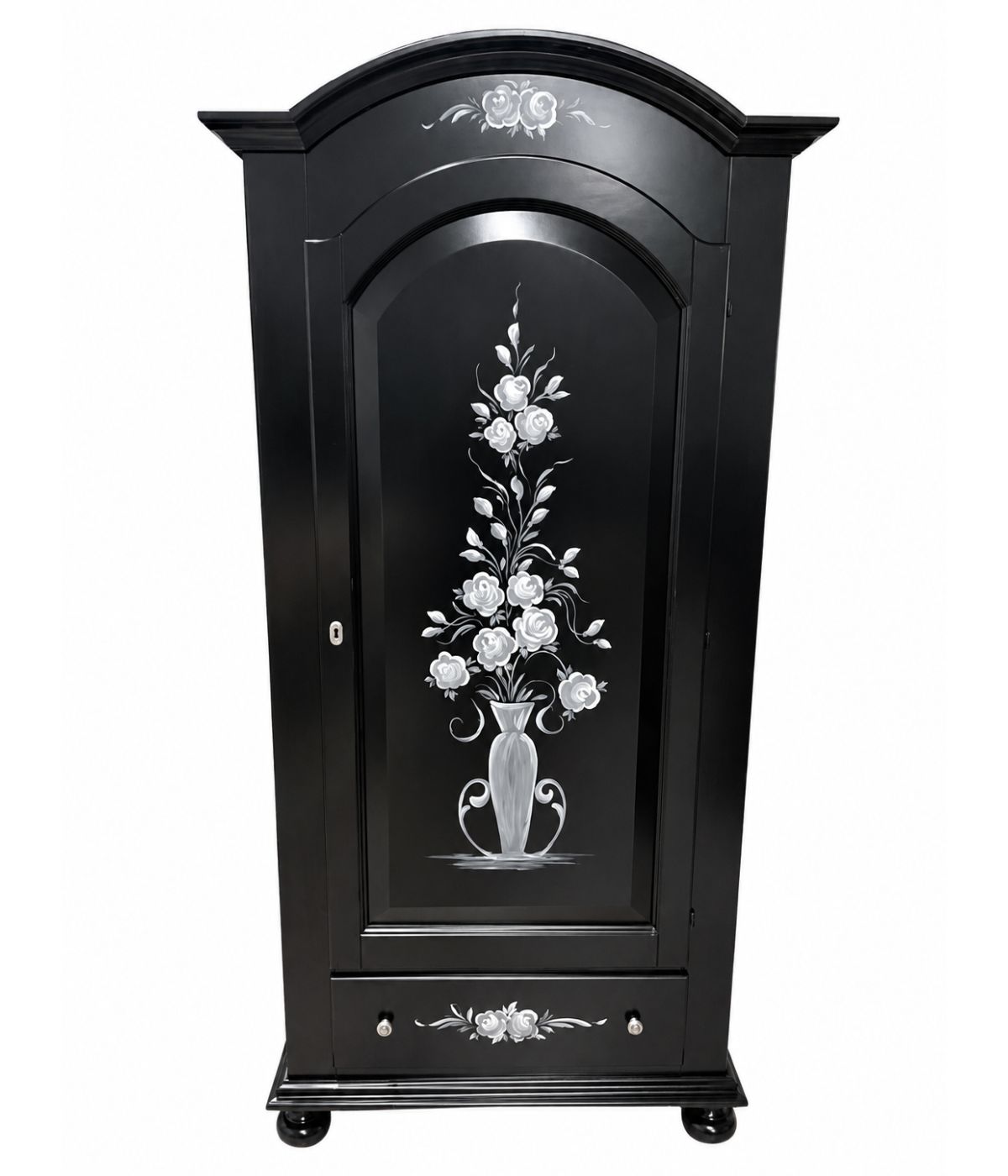 Armadio shabby chic 1 porta legno nero opaco decori floreali 96x56x196