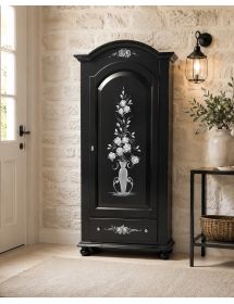 Armadio shabby chic 1 porta legno nero opaco decori floreali 96x56x196