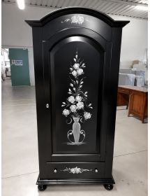Armadio shabby chic 1 porta legno nero opaco decori floreali 96x56x196