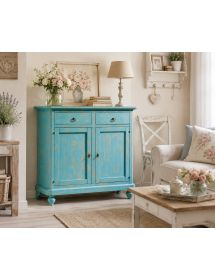 MADIA CREDENZA 2 PORTE IN LEGNO SHABBY CHIC AZZURRO CONSUMATO 112X49X98