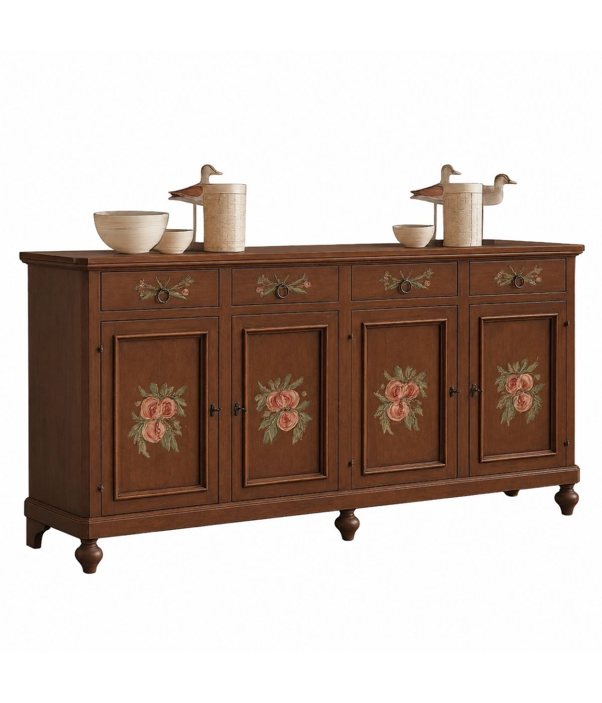 Madia credenza in legno provenzale tinta noce 4 porte decori 198x50X107