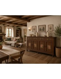 Madia credenza in legno provenzale tinta noce 4 porte decori 198x50X107