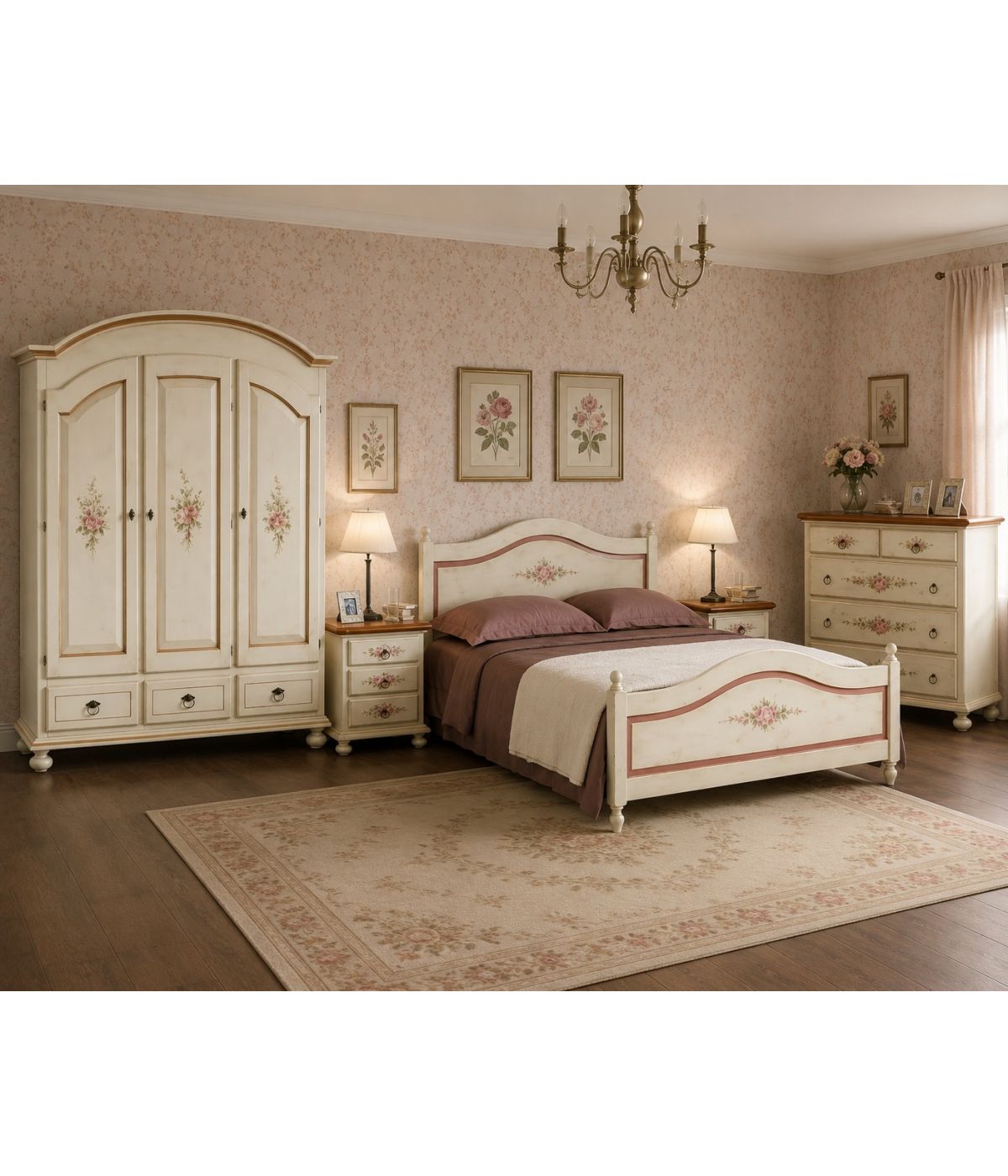 Camera completa classica legno shabby bianco anticato filo arancione