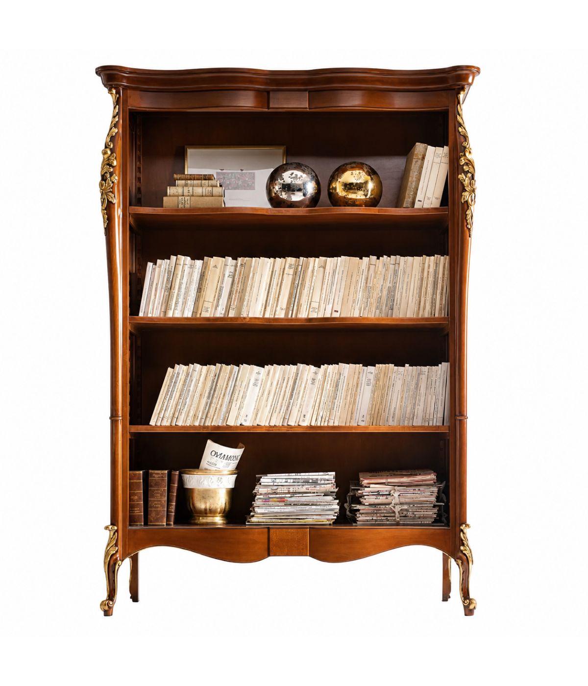 MOBILI 2G - LIBRERIA CLASSICA SAGOMATA IN LEGNO TINTA NOCE L.145 P.50 H.203
