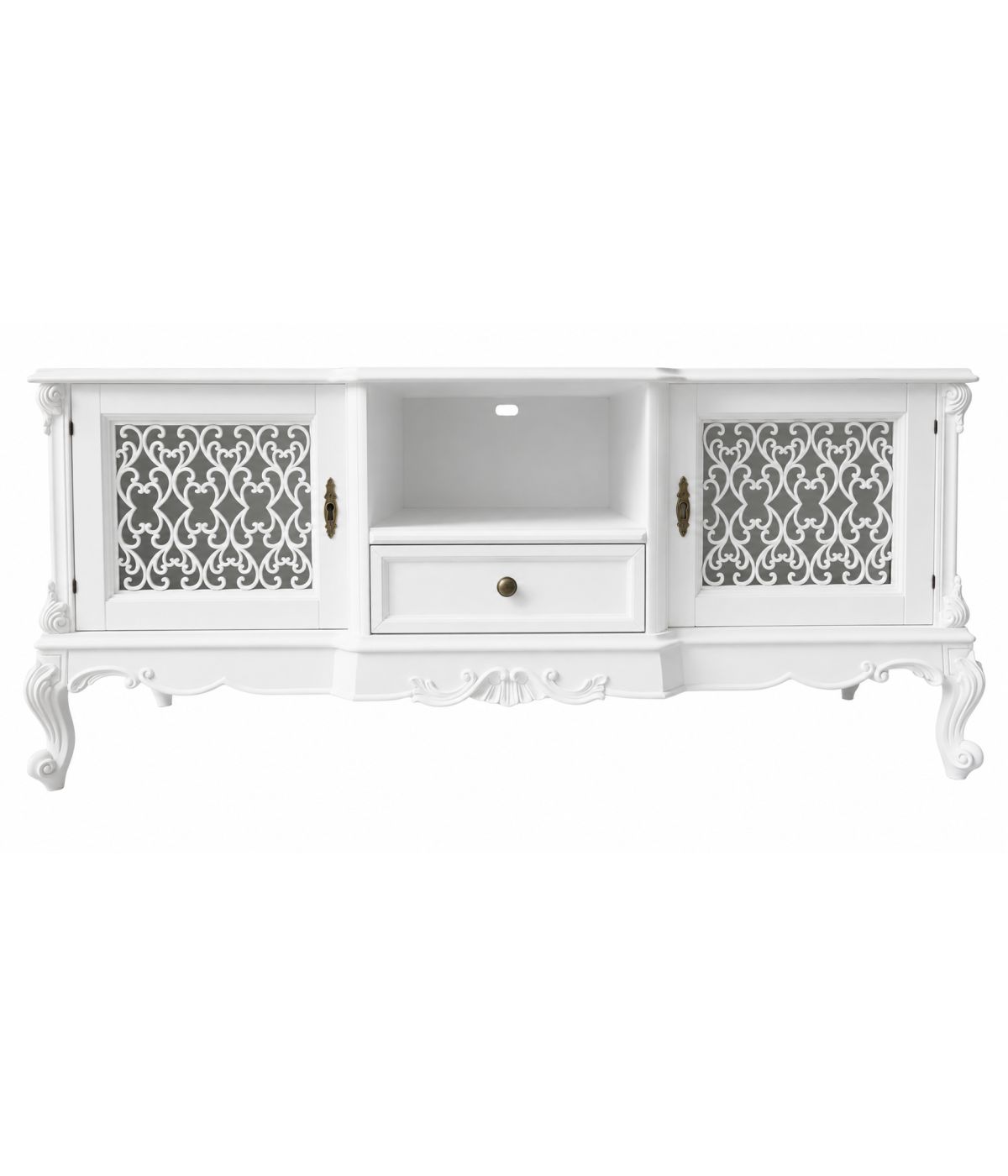 Porta tv 2 ante 1 cassetto classico barocco Legno bianco incisa 174x60x76