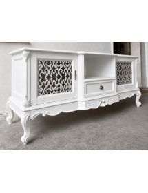 Porta tv 2 ante 1 cassetto classico barocco Legno bianco incisa 174x60x76