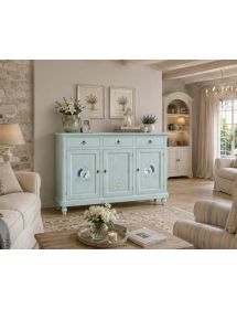 Credenza shabby verde vintage 3 porte 3 cassetti in legno 150x43x98