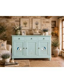 Credenza shabby verde vintage 3 porte 3 cassetti in legno 150x43x98