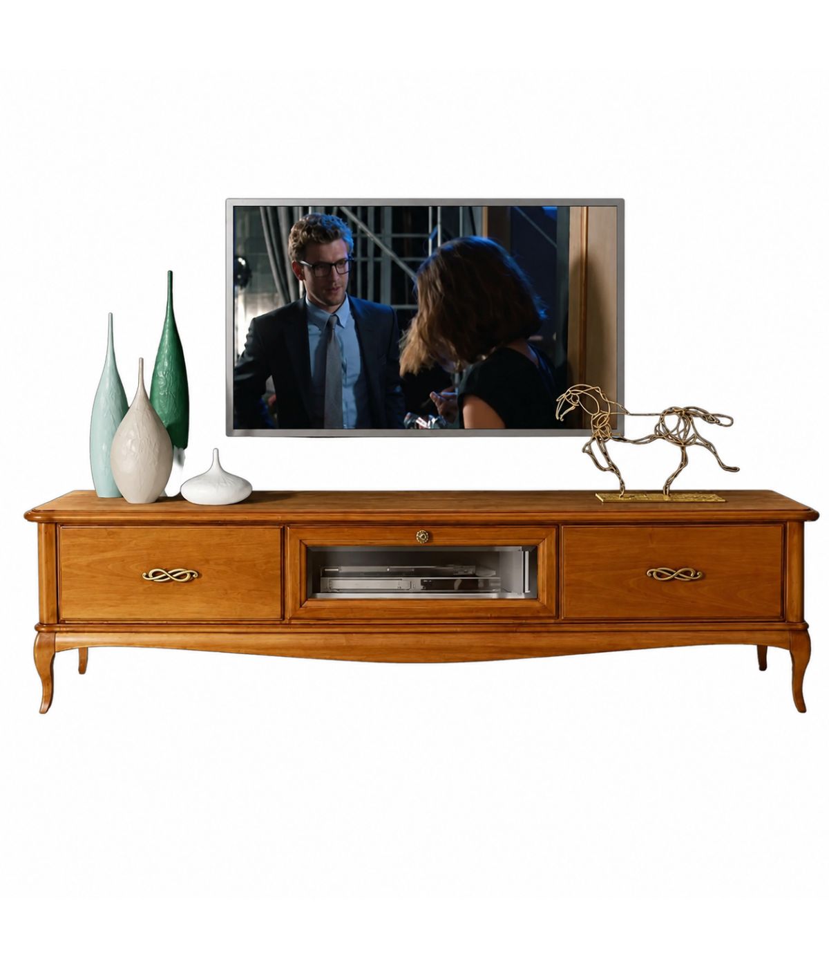PORTA TV CLASSICO IN LEGNO 2 CASSETTI 1 RIBALTA FINITURA BASSANO L.200 P.50 H.50
