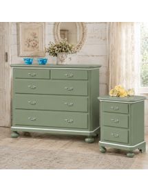 Gruppo 1 Cassettiera 2 Comodini legno shabby verde filo bianco