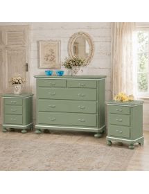 Gruppo 1 Cassettiera 2 Comodini legno shabby verde filo bianco