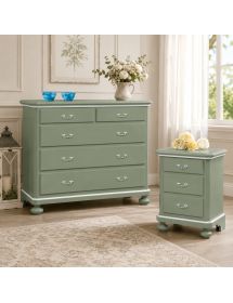 Gruppo 1 Cassettiera 2 Comodini legno shabby verde filo bianco