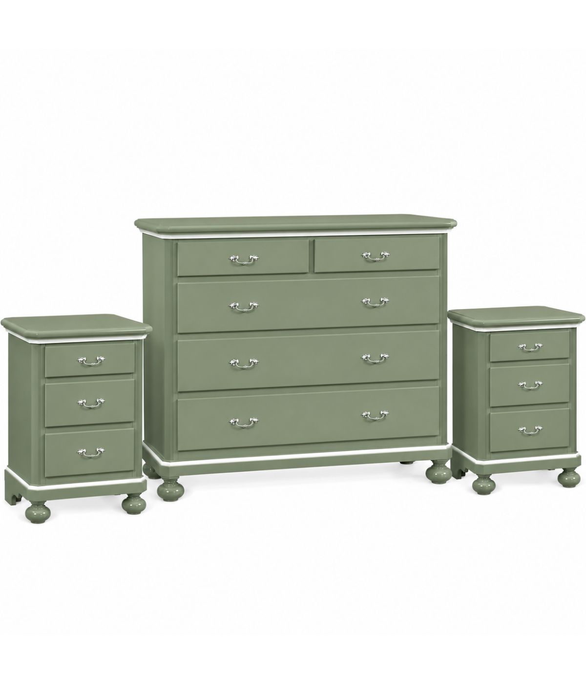 Gruppo 1 Cassettiera 2 Comodini legno shabby verde filo bianco