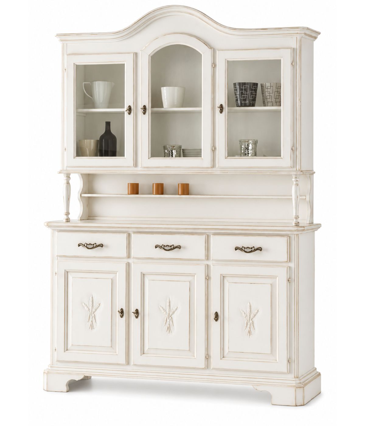 CRISTALLIERA 3 PORTE CLASSICA SAGOMATA SPIGA LEGNO SHABBY BIANCO 163X49X228