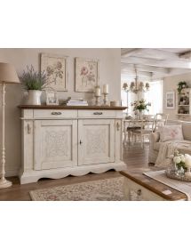 CREDENZA CLASSICA LEGNO 2 PORTE SHABBY BIANCO/NOCE 170X55X115