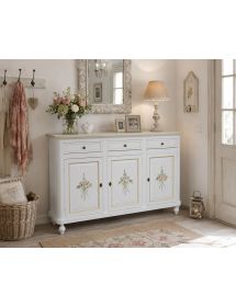 Credenza 3 Ante Legno Bianca Decorata Filo verde 150x45x98