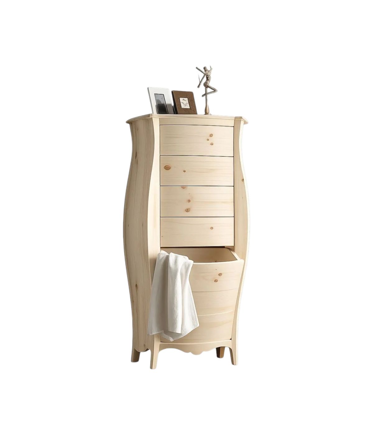 CASSETTIERA BOMBATA LEGNO GREZZO BIANCO 4 CASSETTI E RIBALTA 73x37x141 (3029)