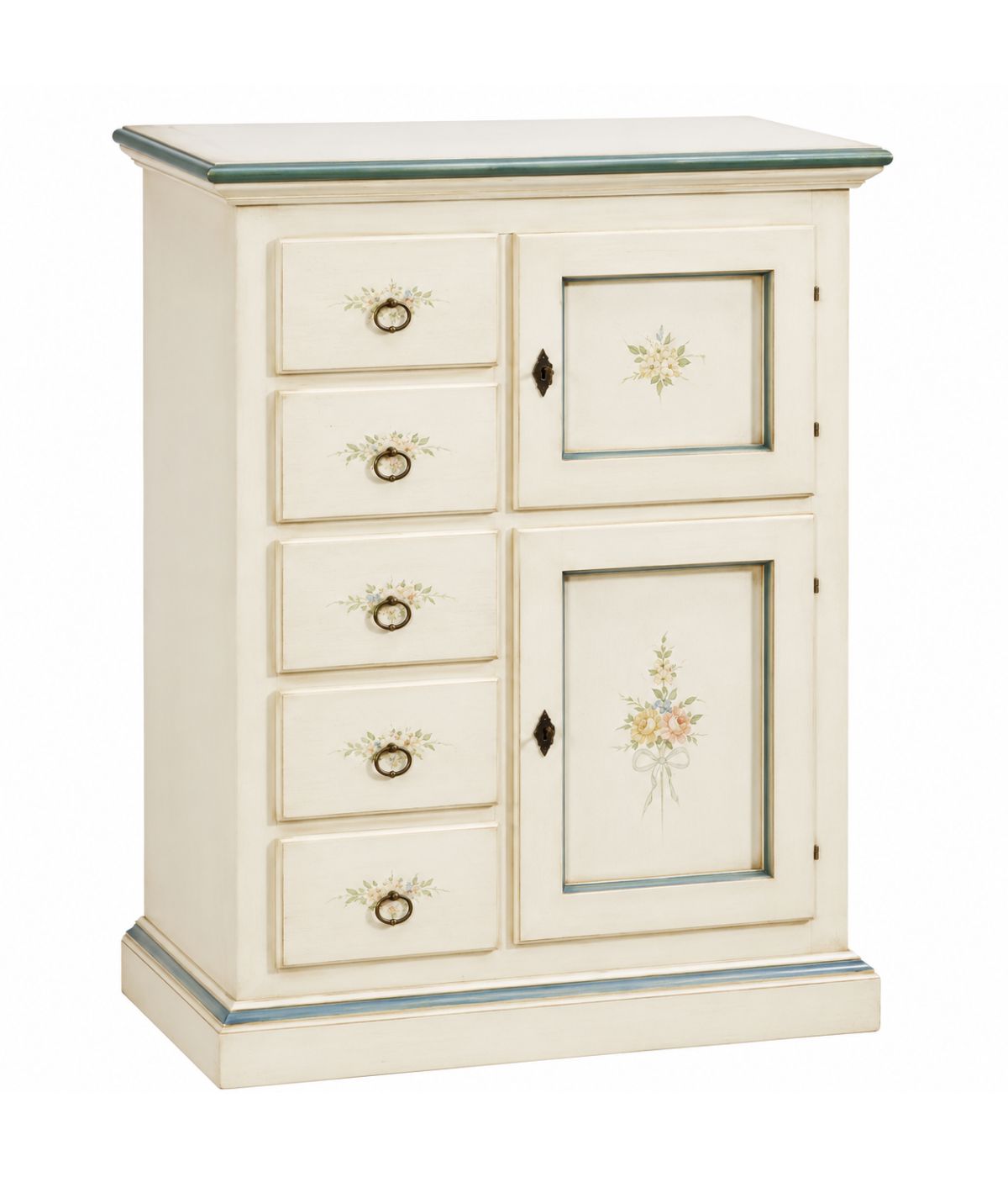 Credenza dispensa 2 porte 5 cassetti shabby bianco patinato decori 75x40x100 (1329)