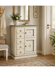 Credenza dispensa 2 porte 5 cassetti shabby bianco patinato decori 75x40x100 (1329)