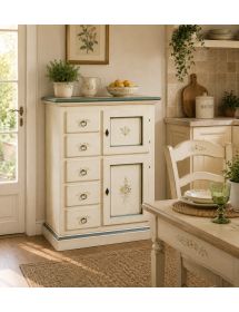 Credenza dispensa 2 porte 5 cassetti shabby bianco patinato decori 75x40x100 (1329)