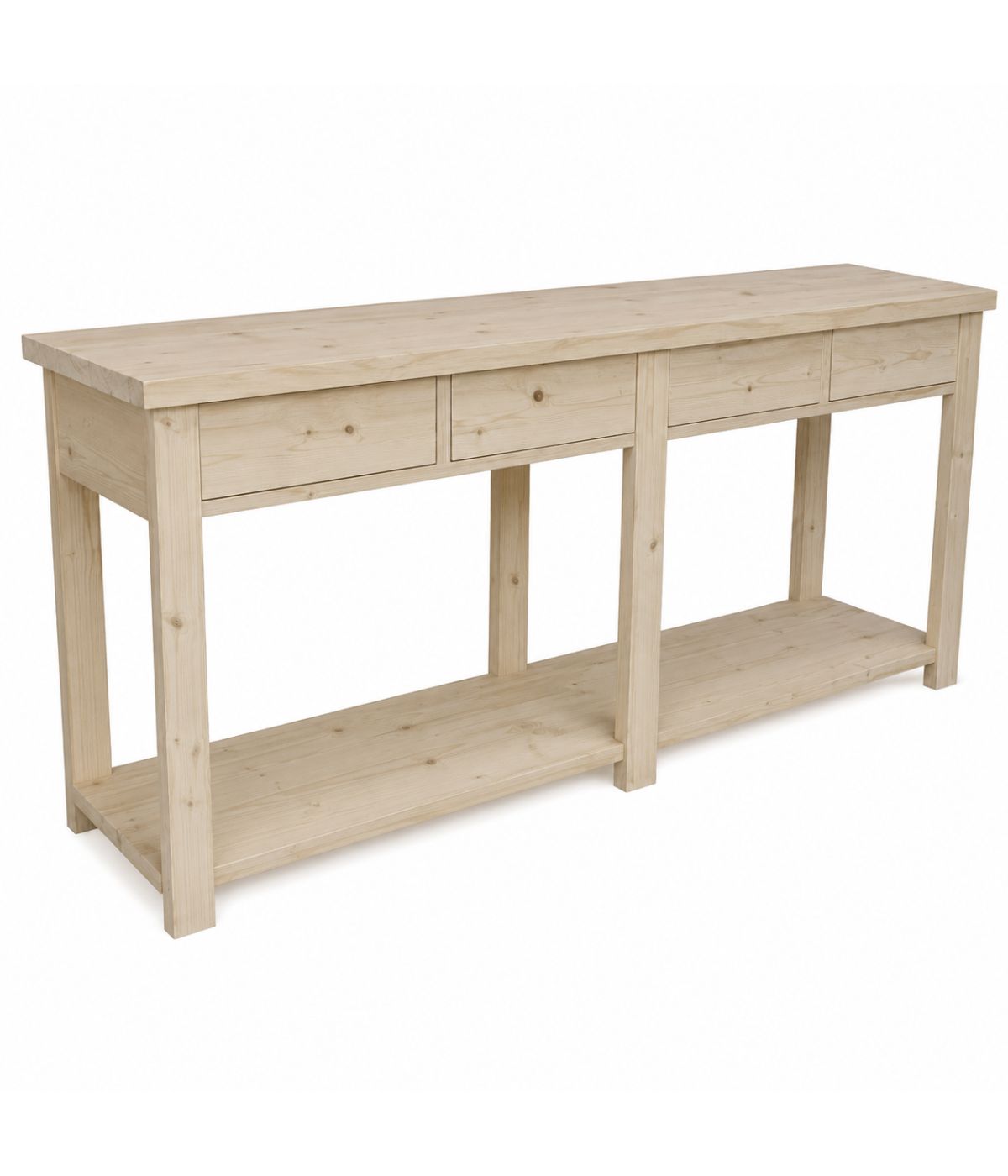 Bancone 4 cassetti 1 ripiano in legno classico grezzo L.200 P.50 H.90 (3326)